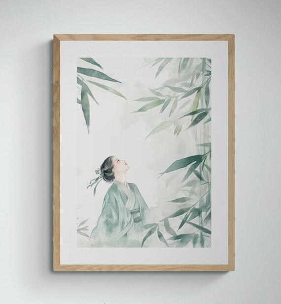 Hanfu Girl In A Bamboo Forest Tranquil Zen Art Watercolor Wall Decor For Home Office