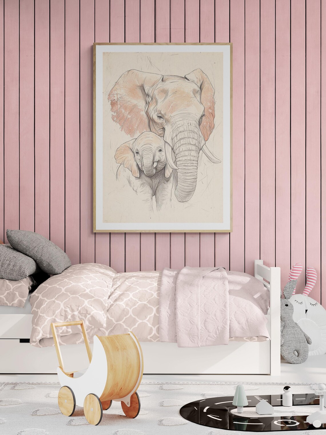 Loving Elephants Mother Baby Sketch Hand Drawn Nursery Wall Art Poster - Image 3