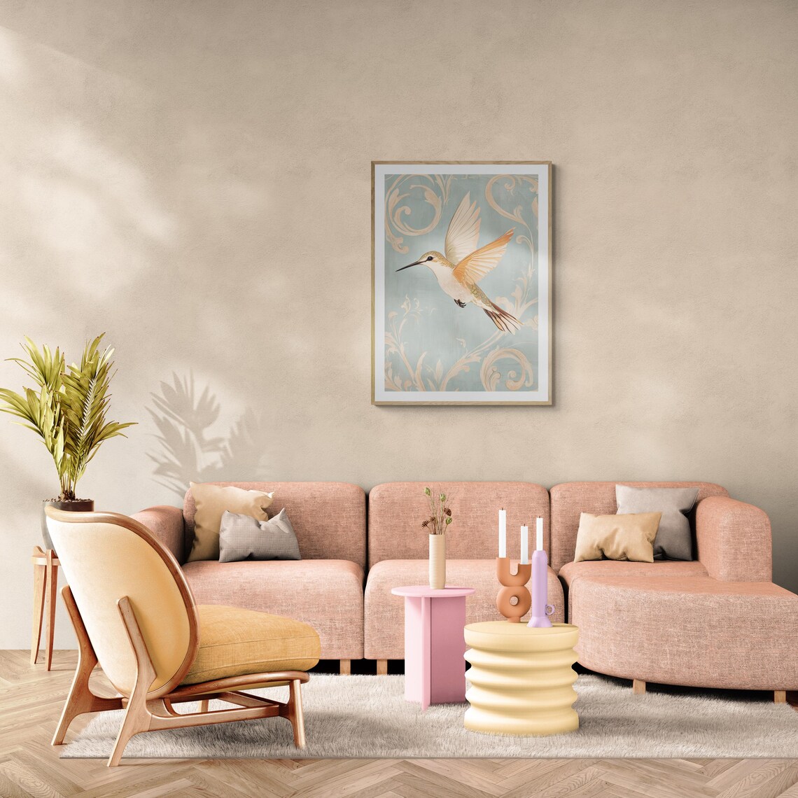 Art Nouveau Hummingbird In Flight Pale Peach Filigree Sage Wall Art - Image 2