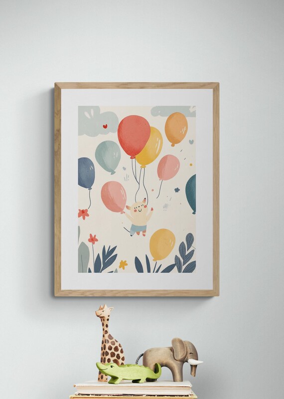 Kitty Balloon Ride Colorful Balloons Cute Cat Adventure Nursery Wall Art Print