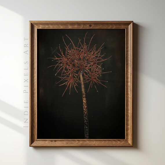 Vintage Dark Fall Print Allium Wall Art Rustic Dark Botanical Vertical Farmhouse Decor Autumn Print Simple Moody Wall Art