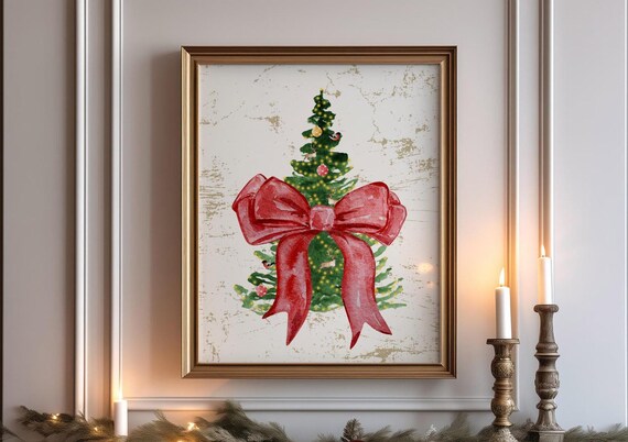 Watercolor Christmas Tree Poster Elegant Red Bow Holiday Home Decor Art