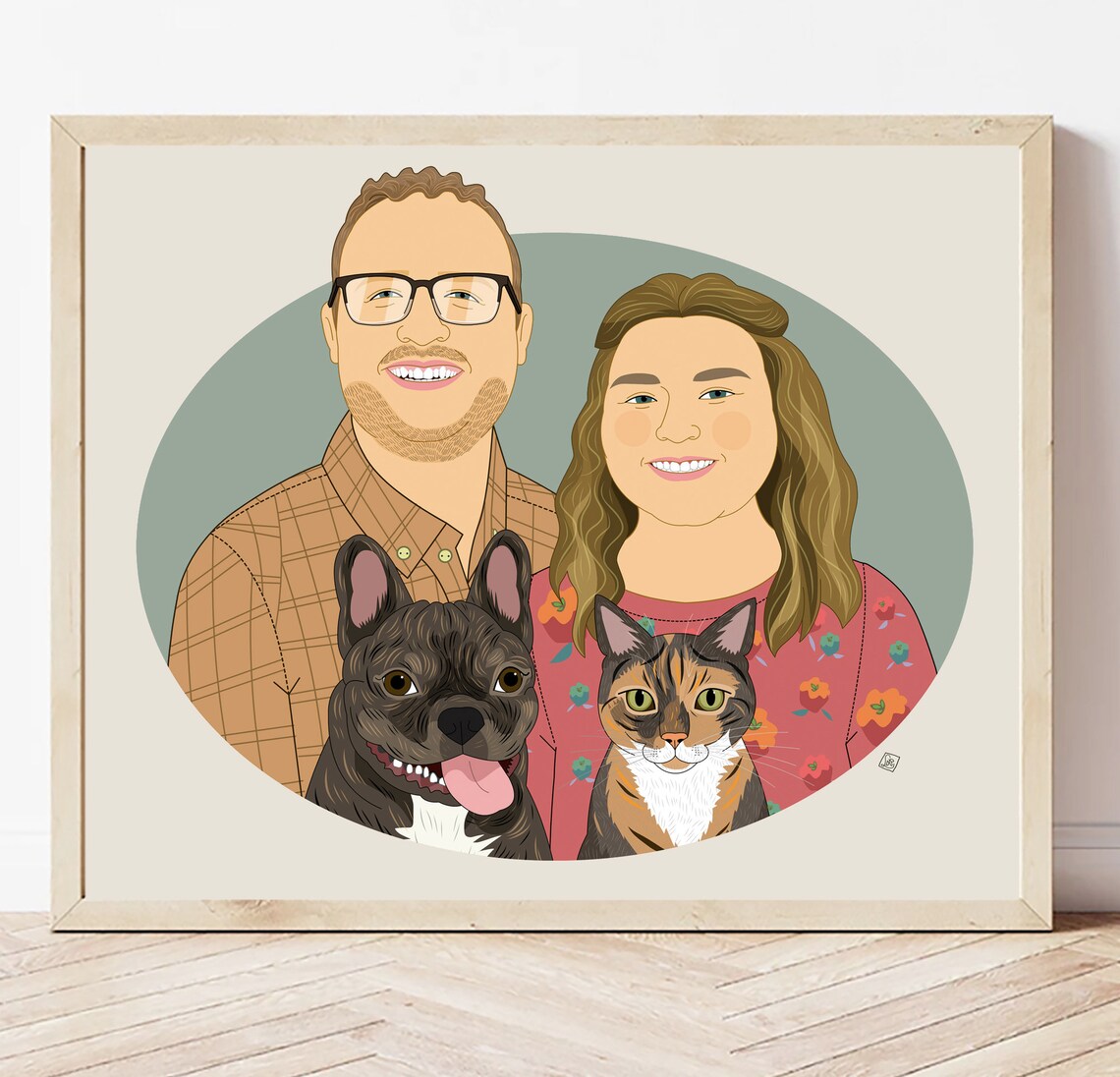 Couple With Two Dogs on Orange Oval Custom Portrait Illustration Poster - Image 2