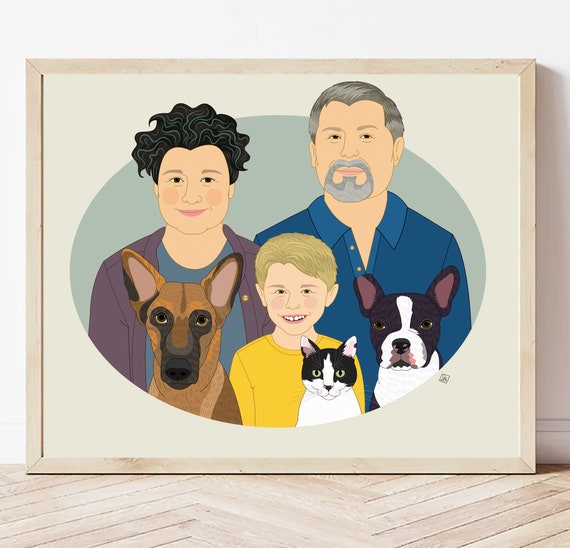 Family With Two Dogs and Cat Custom Cartoon Portrait Art Print