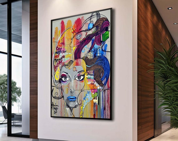 Colorful Graffiti Wall Art Abstract Urban Woman Canvas Portrait Bold Street Style Decor Modern Face Print