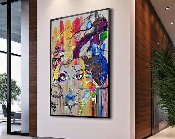 Colorful Graffiti Woman Portrait Blue Lips Urban Pop Art Poster