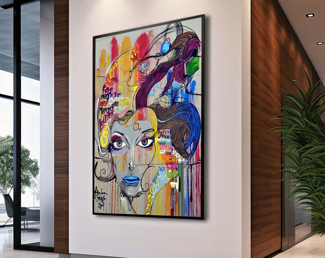 Colorful Graffiti Woman Portrait Blue Lips Urban Pop Art Poster