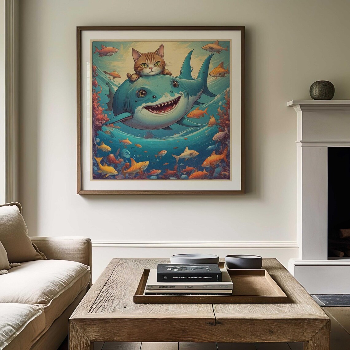 Cat Vs Shark, Vintage Painting Style Art Print - Image 2