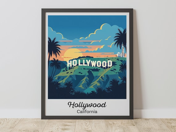 Hollywood Sign Los Angeles California Sunset Vintage Travel Poster
