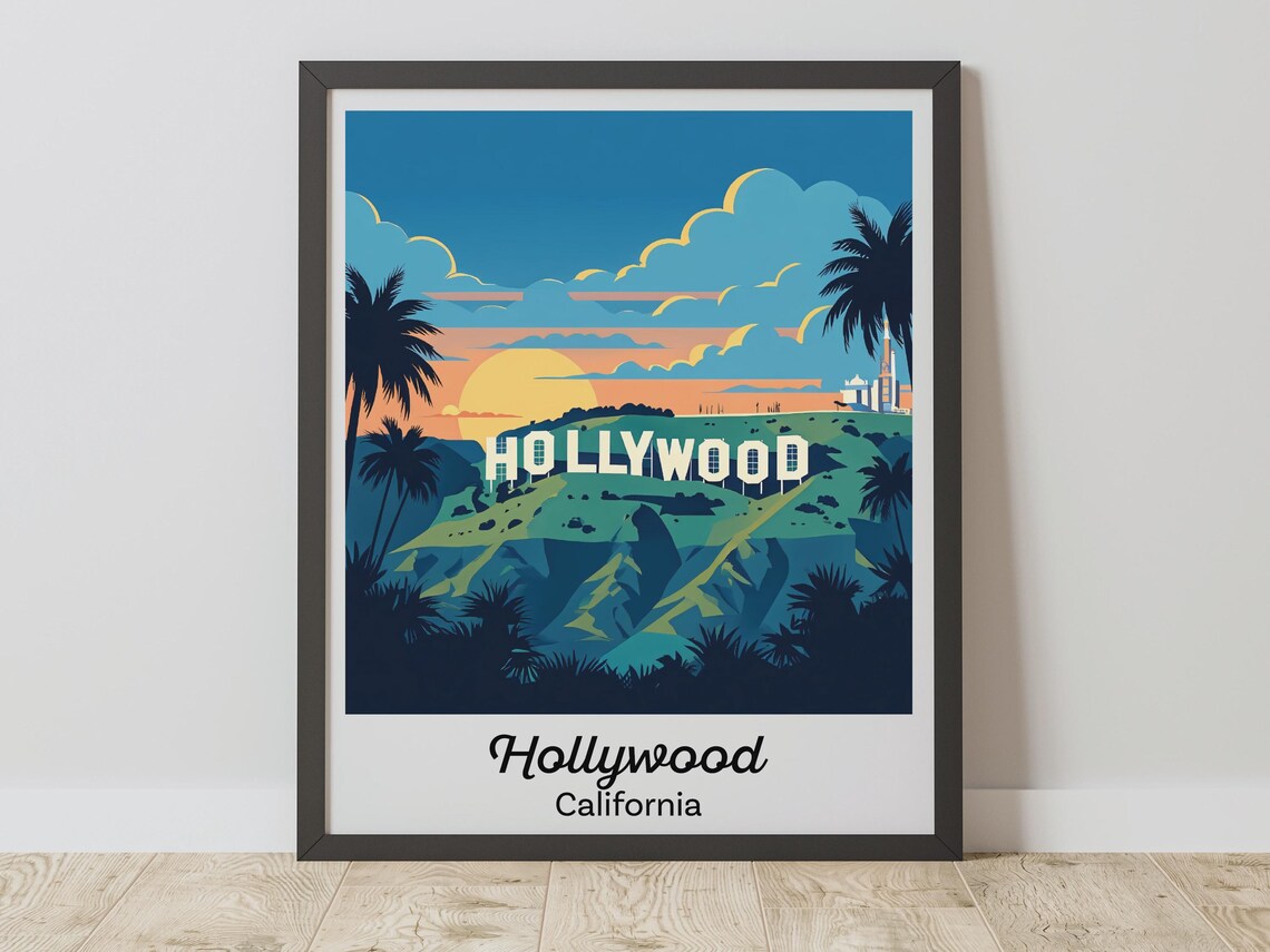 Hollywood Sign Los Angeles California Sunset Vintage Travel Poster