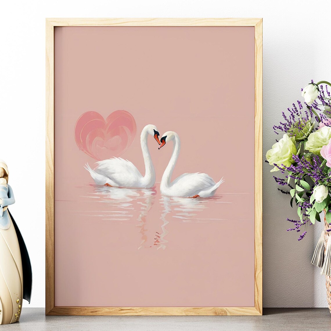 Swan Couple Heart Necks Pink Water Romantic Love Illustration Poster