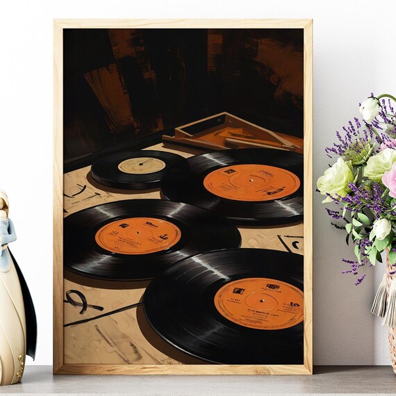 Scattered Vinyl Records with Orange Labels Retro Music Wall Art Print