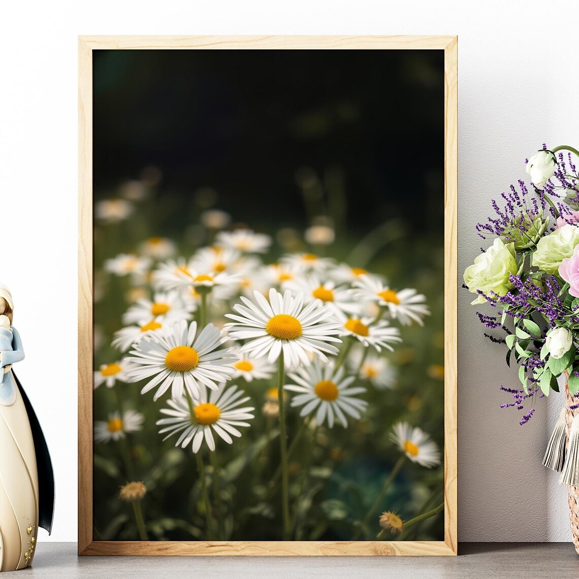 White Daisy Wildflower Field Close Up Night Garden Photo Print
