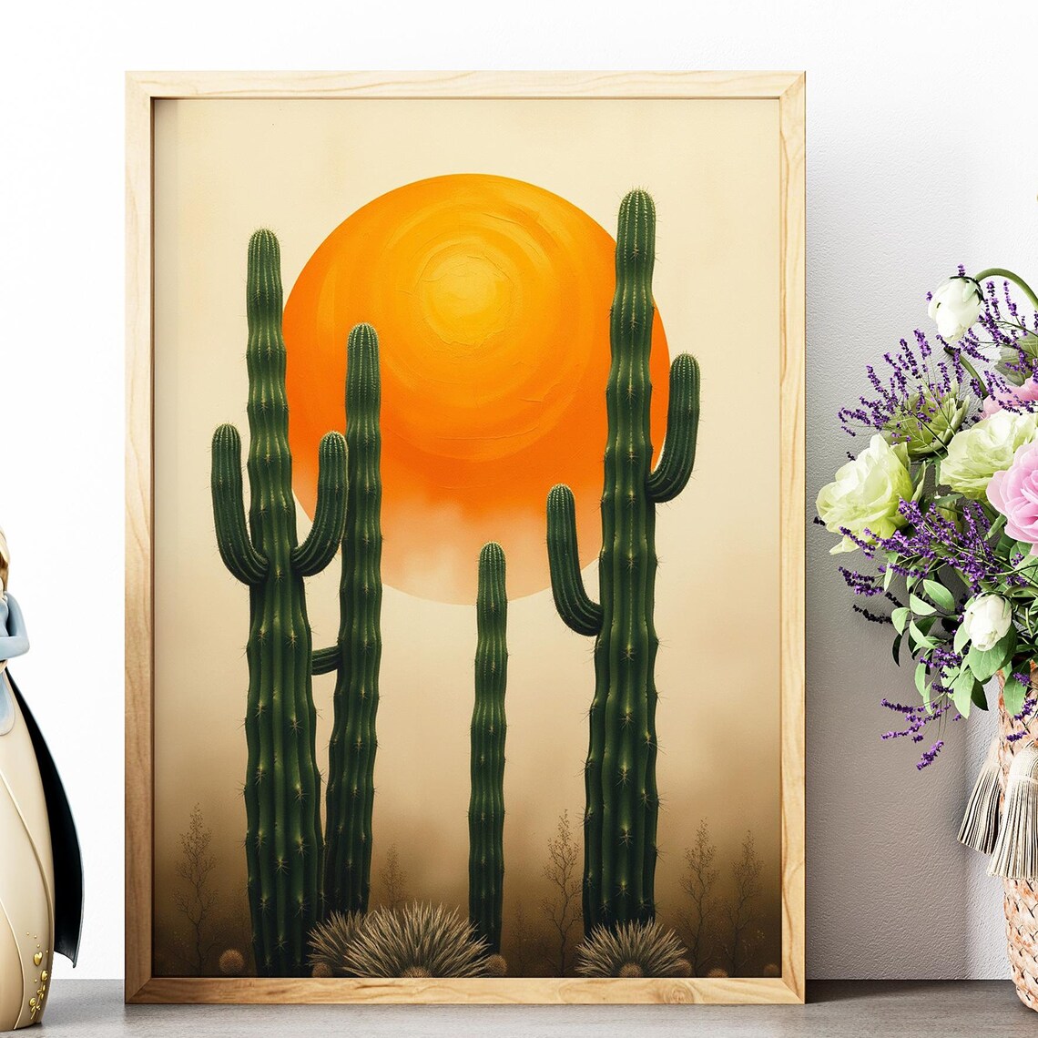 Green Cacti Silhouette Giant Orange Sun Desert Southwest Art Poster