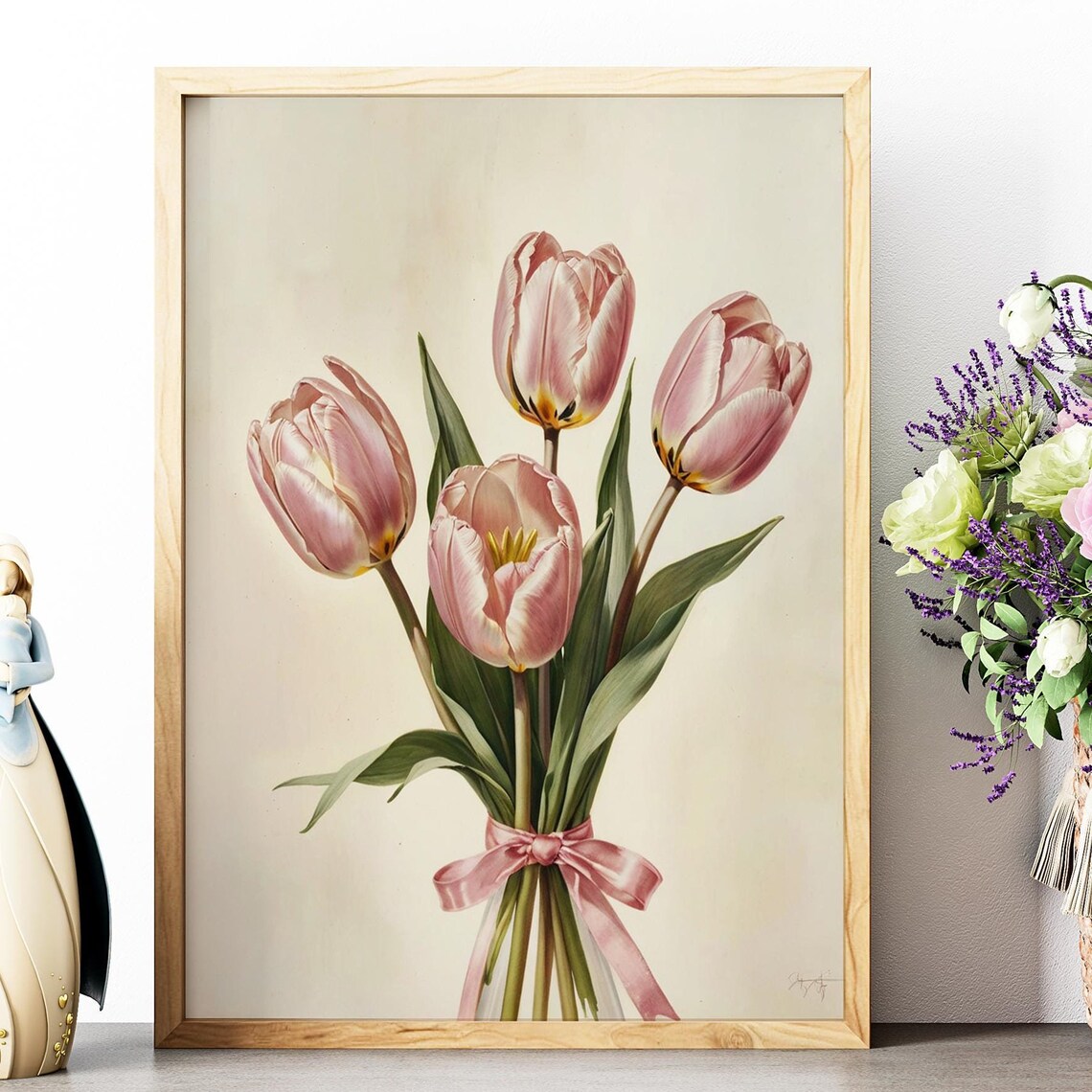 Pink Tulips Bouquet Tied with Pink Bow Botanical Girly Wall Art Print