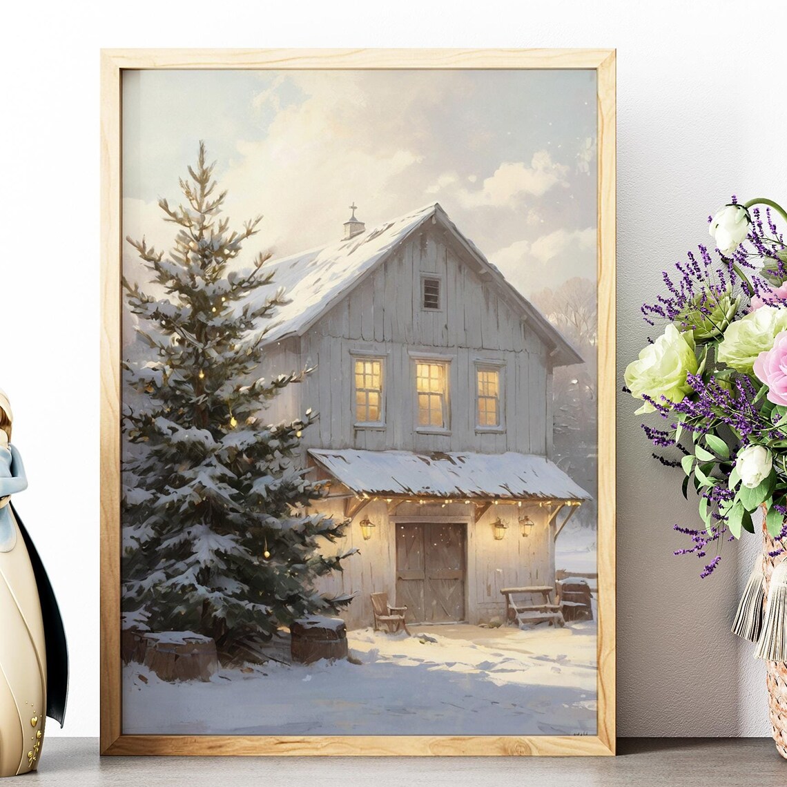 Snowy White Barn Christmas Winter Farmhouse Holiday Painting Wall Art