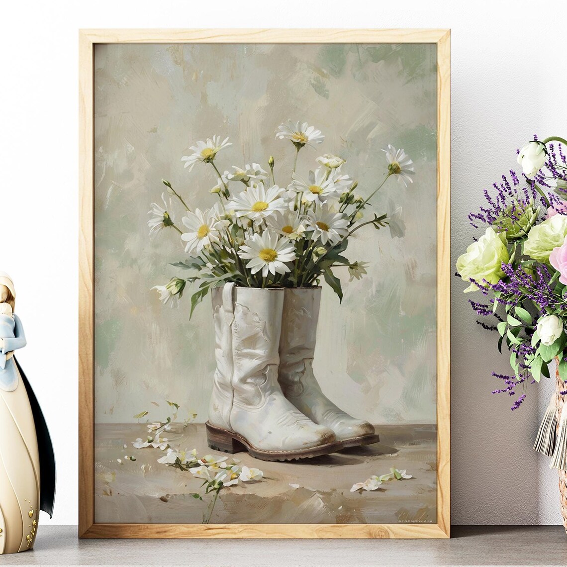 White Cowboy Boots Filled with White Daisies Rustic Western Art Poster