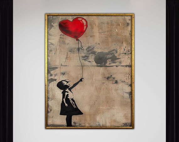 Stencil Girl Releasing a Red Heart Balloon Street Art Poster