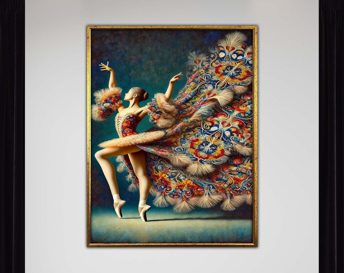 Ballerina in Peacock Feather Skirt Elegant Dance Artwork Poster