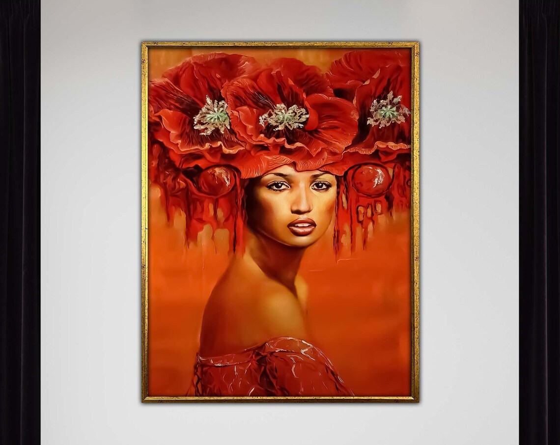 Woman With Fiery Red Poppy Headdress Glamorous Portrait Poster