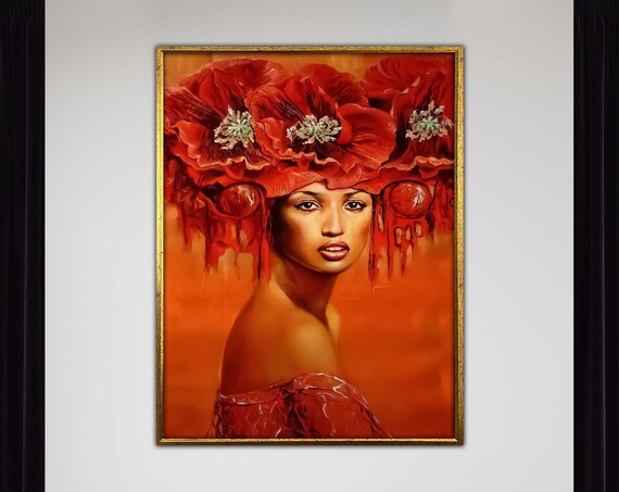 Woman With Fiery Red Poppy Headdress Glamorous Portrait Poster