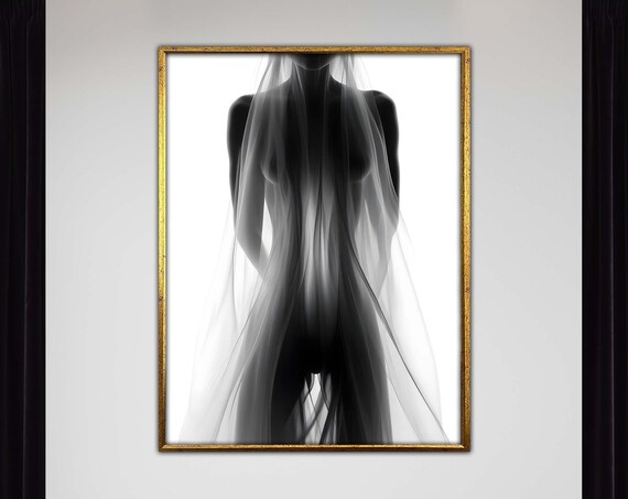 Black White Nude Silhouette Sheer Veil Minimalist Elegant Poster