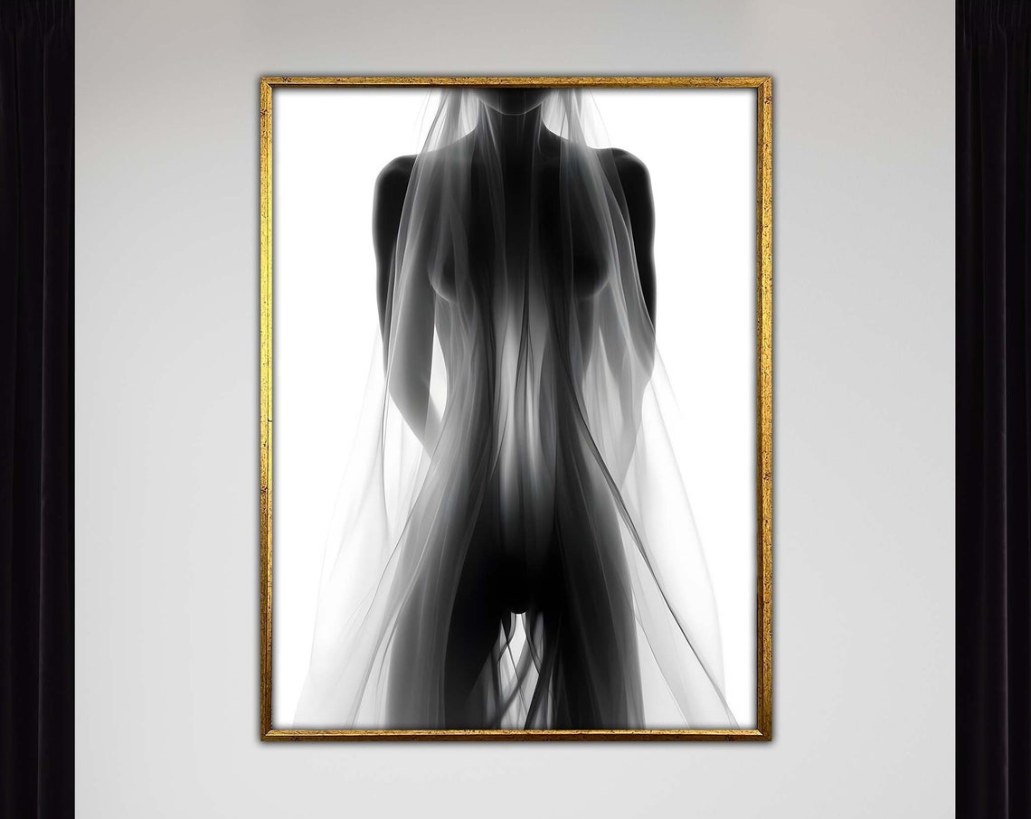 Black White Nude Silhouette Sheer Veil Minimalist Elegant Poster
