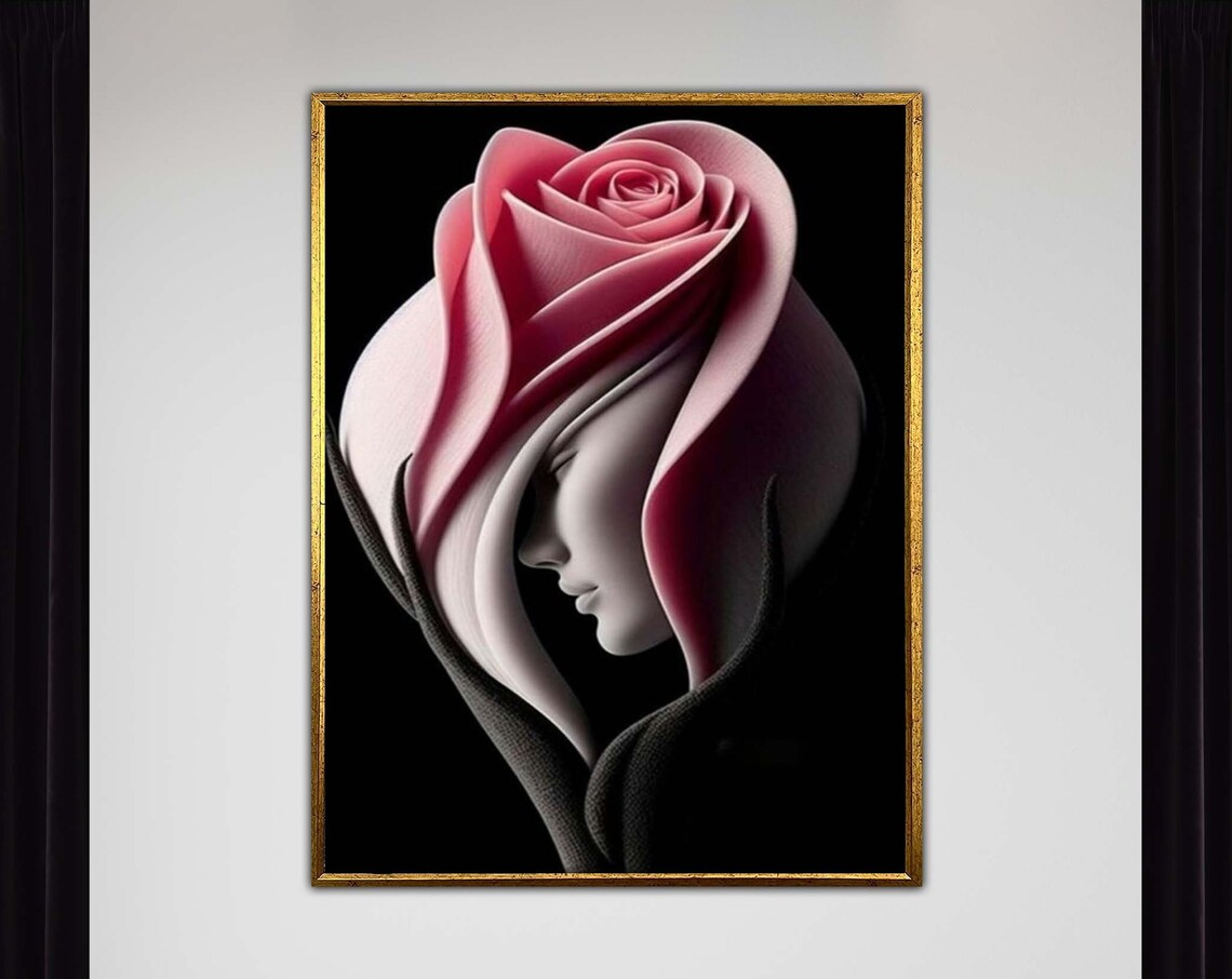 Pink Rose Woman Face Emerging Dark Background Surreal Floral Wall Art