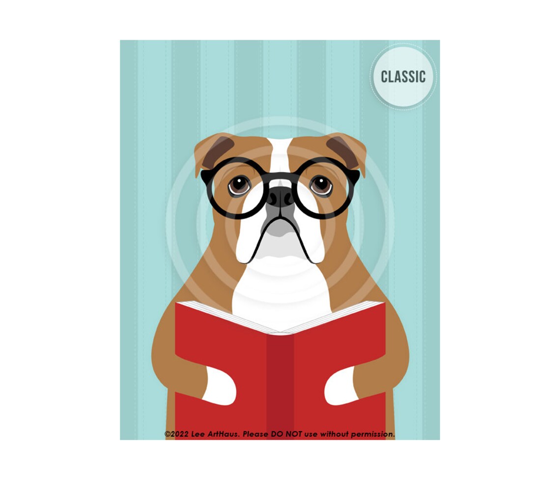 524dp Animal Artwork English Bulldog Reading Book Wall Art Eyeglasses Decor Dog Poster English Bulldog Drawing Funny Dog Art