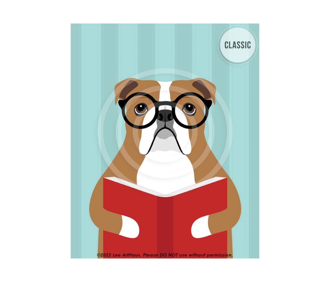 English Bulldog Wearing Round Glasses Reading a Book Dog Poster