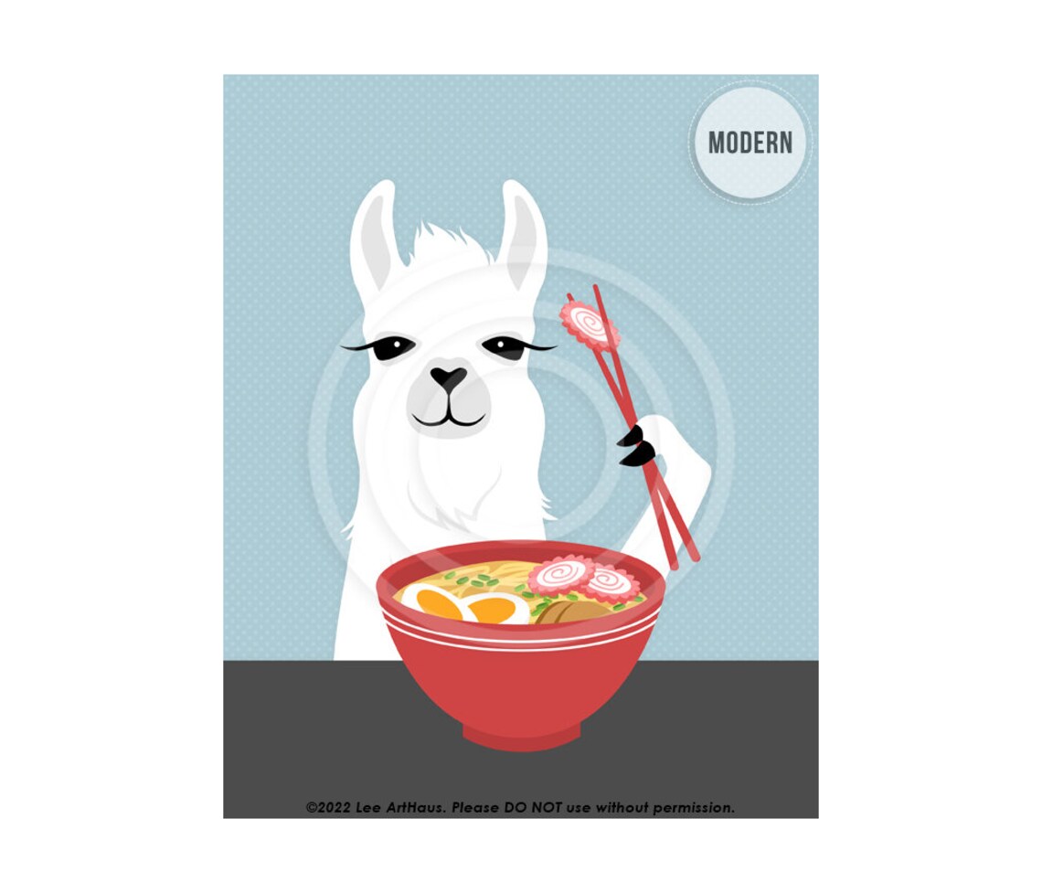 White Llama Eating Ramen Noodle Bowl Chopsticks Fun Kitchen Decor Poster - Image 2
