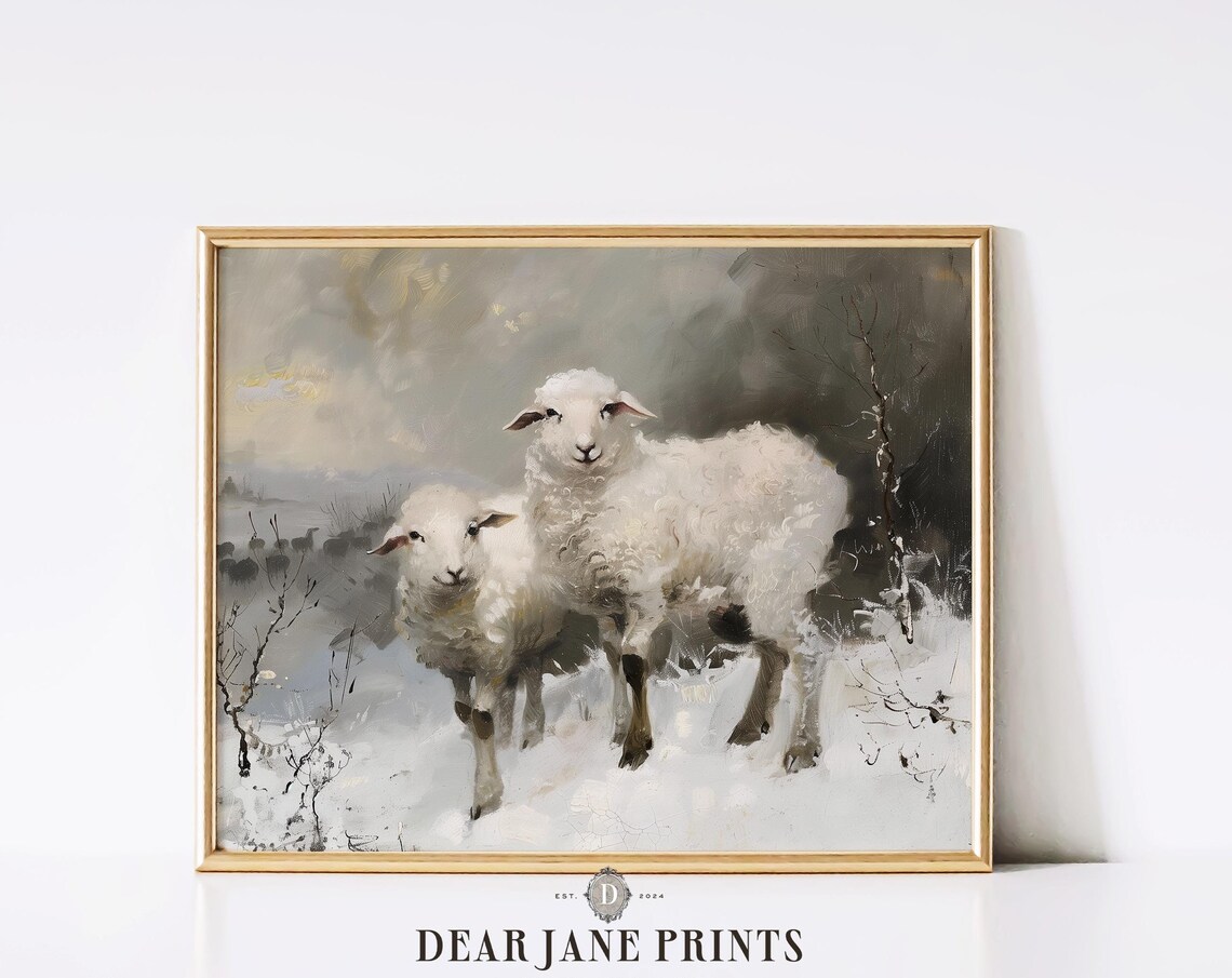 Two White Sheep Standing In Falling Snow Vintage Painting Poster - Image 2