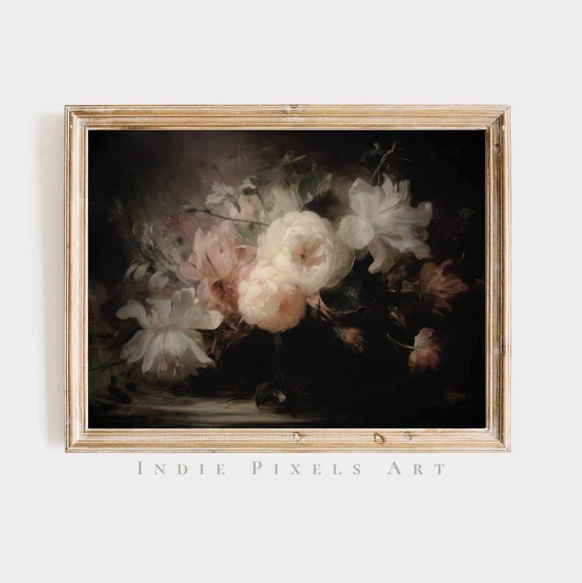 Moody Dark Floral Peony Bouquet on Black Vintage Botanical Wall Art
