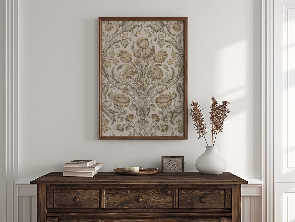 Vintage Beige Floral Damask Textile Pattern Tapestry Wall Art - Image 4