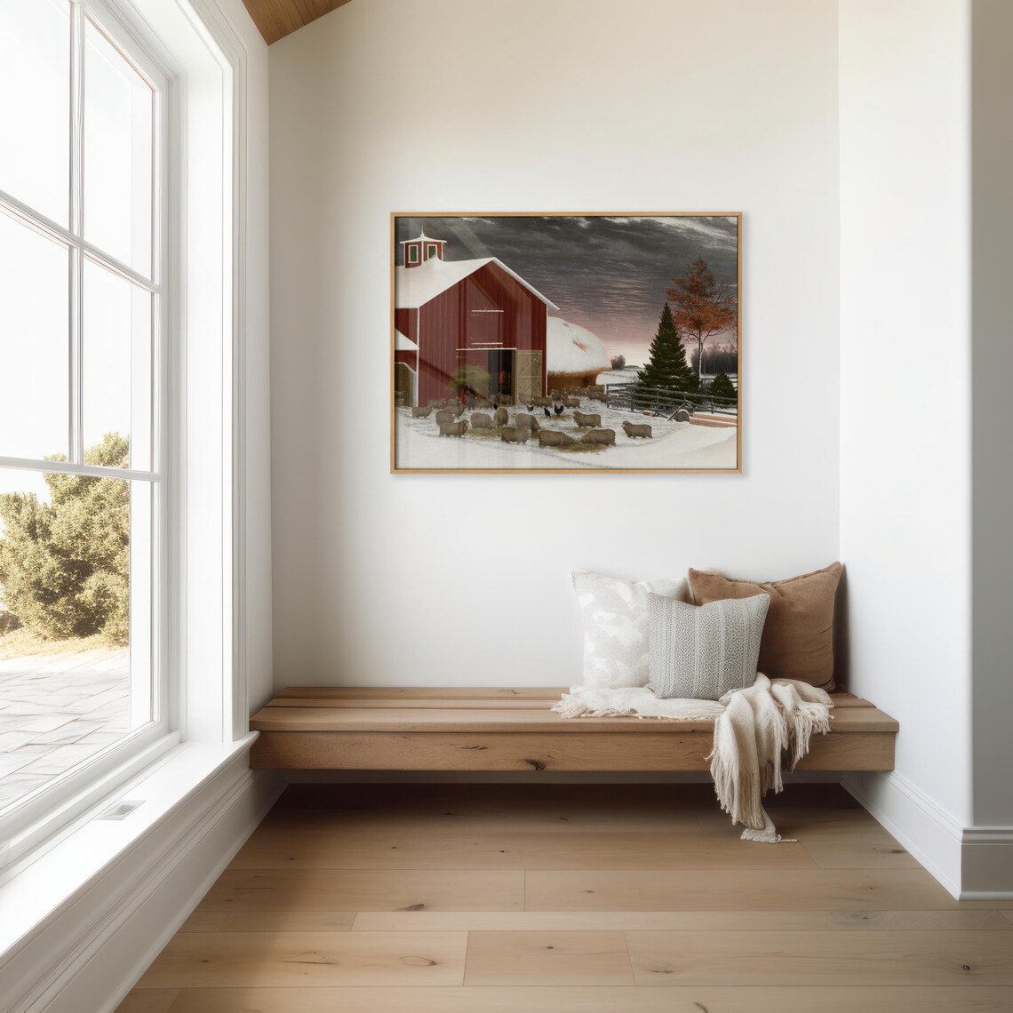 Vintage Red Barn Snowy Winter Sheep Flock Farm Folk Art Painting Print - Image 2