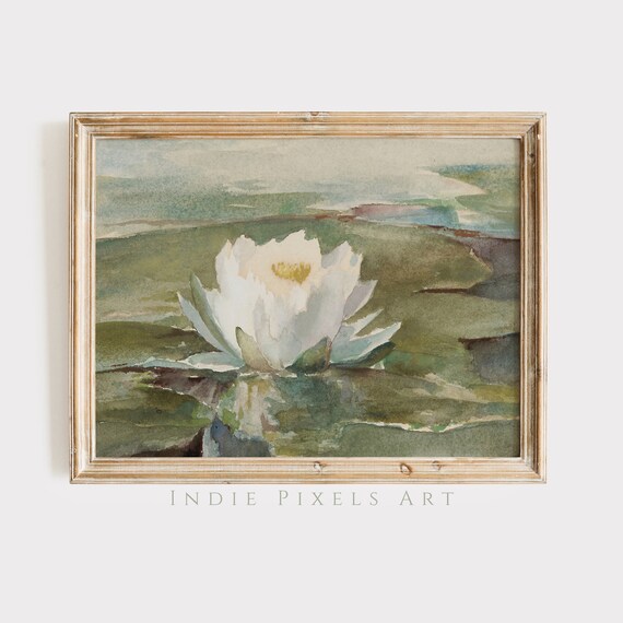 White Water Lily Vintage Watercolor Botanical Pond Painting Print