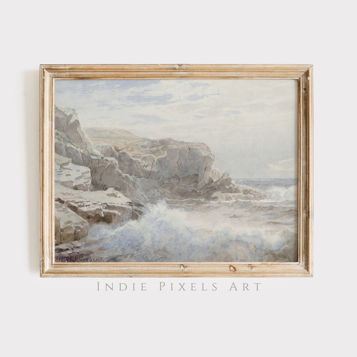 Rocky Coastal Cliffs Watercolor Waves Neutral Beach Wall Poster