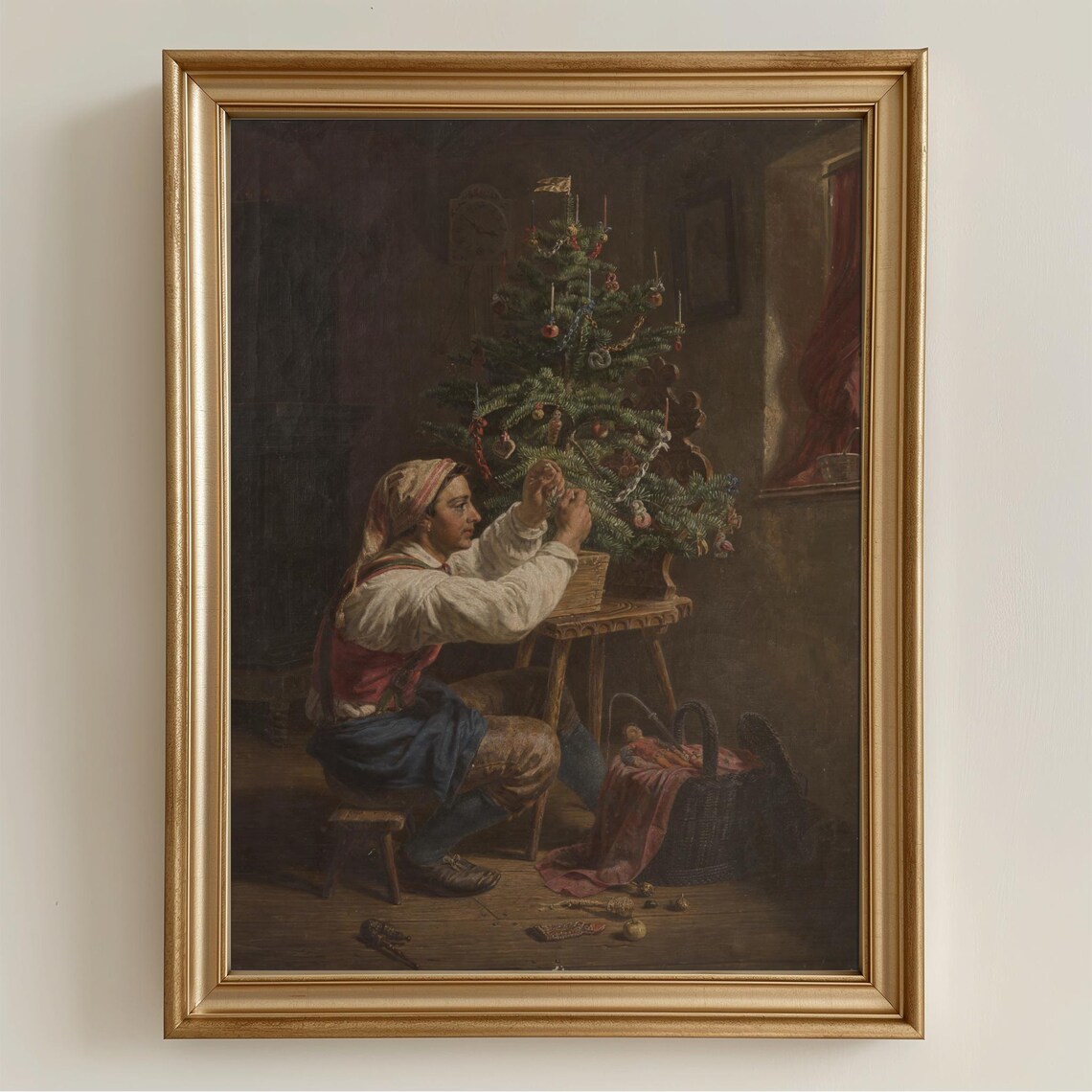 Vintage Woman Decorating Christmas Tree Antique Oil Painting Poster