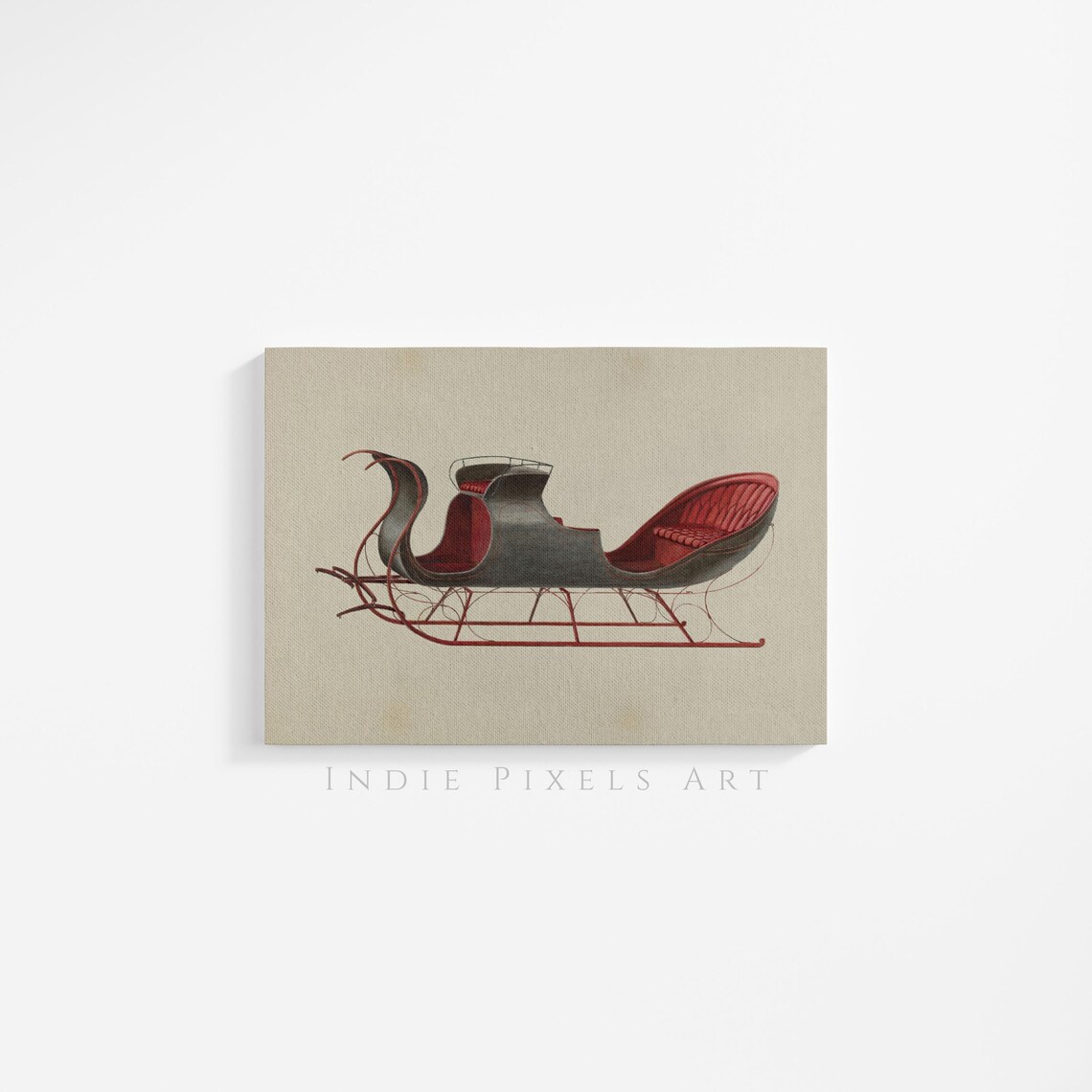 Red Velvet Antique Horse Drawn Sleigh Illustration Christmas Art Print - Image 2