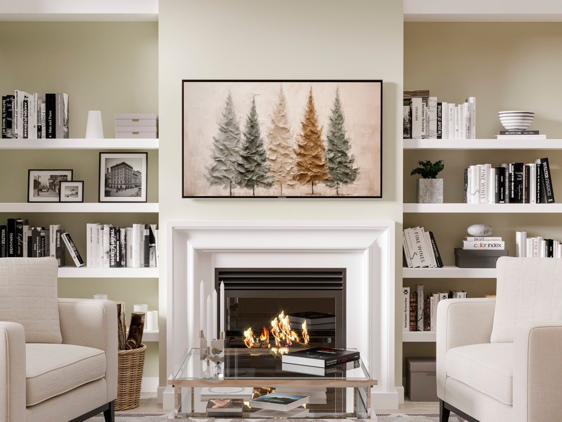 Five Textured Pine Trees Neutral Farmhouse Winter Painting Poster - Image 2