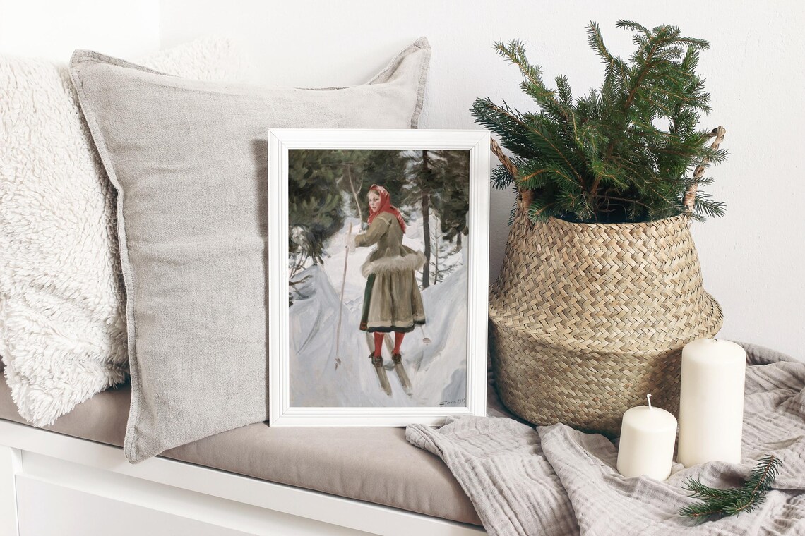 Vintage Girl Cross Country Skiing Through Snowy Winter Woods Art Print - Image 3