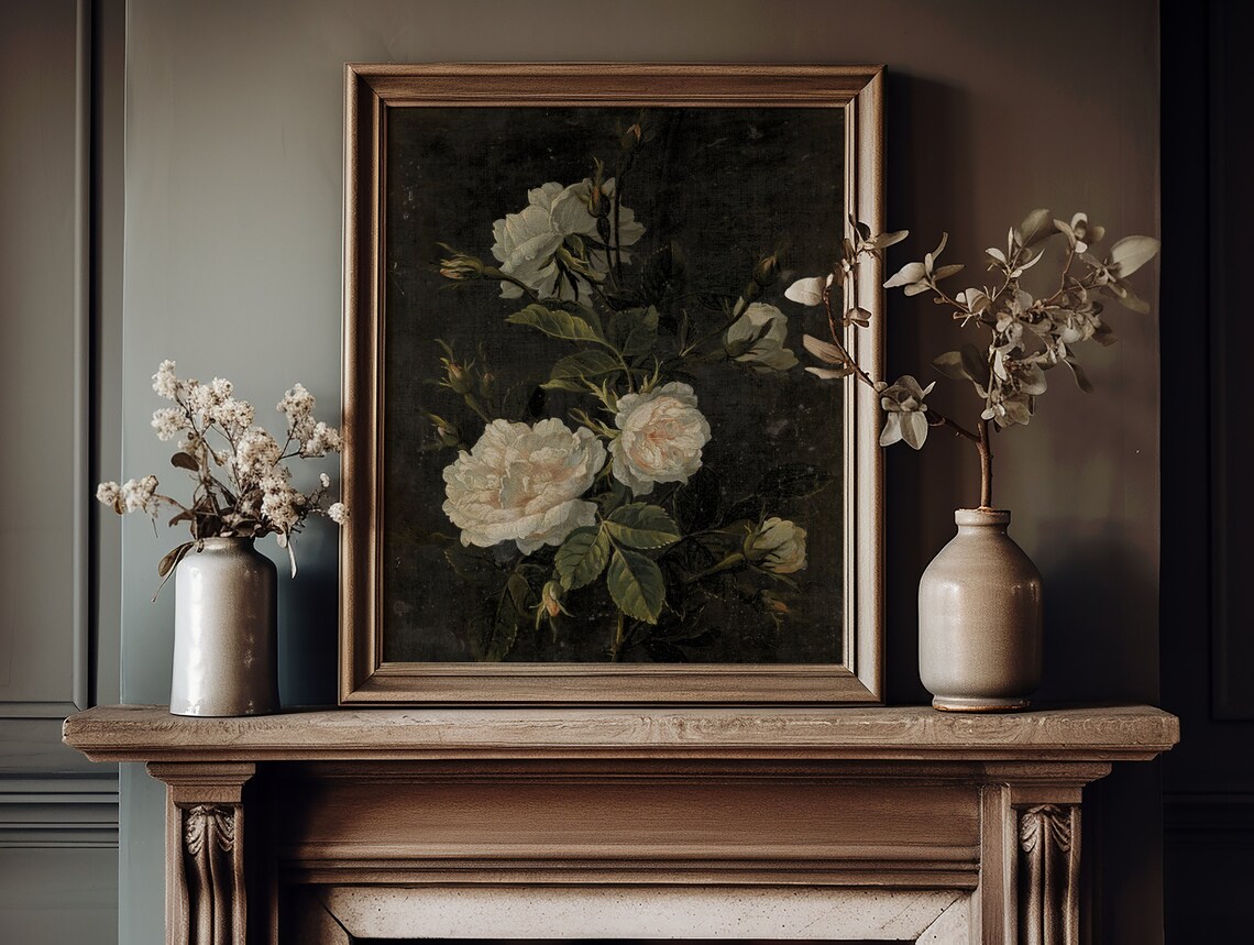 Moody White Roses Oil Painting Dark Floral Still Life Art Poster - Image 3