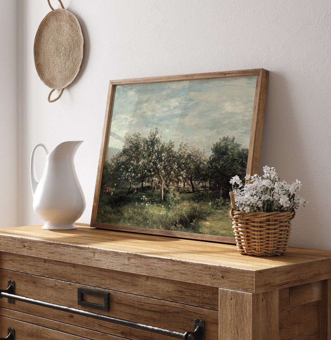 Spring Orchard in Bloom Vintage Painting with Grazing Cows Wall Art - Image 4