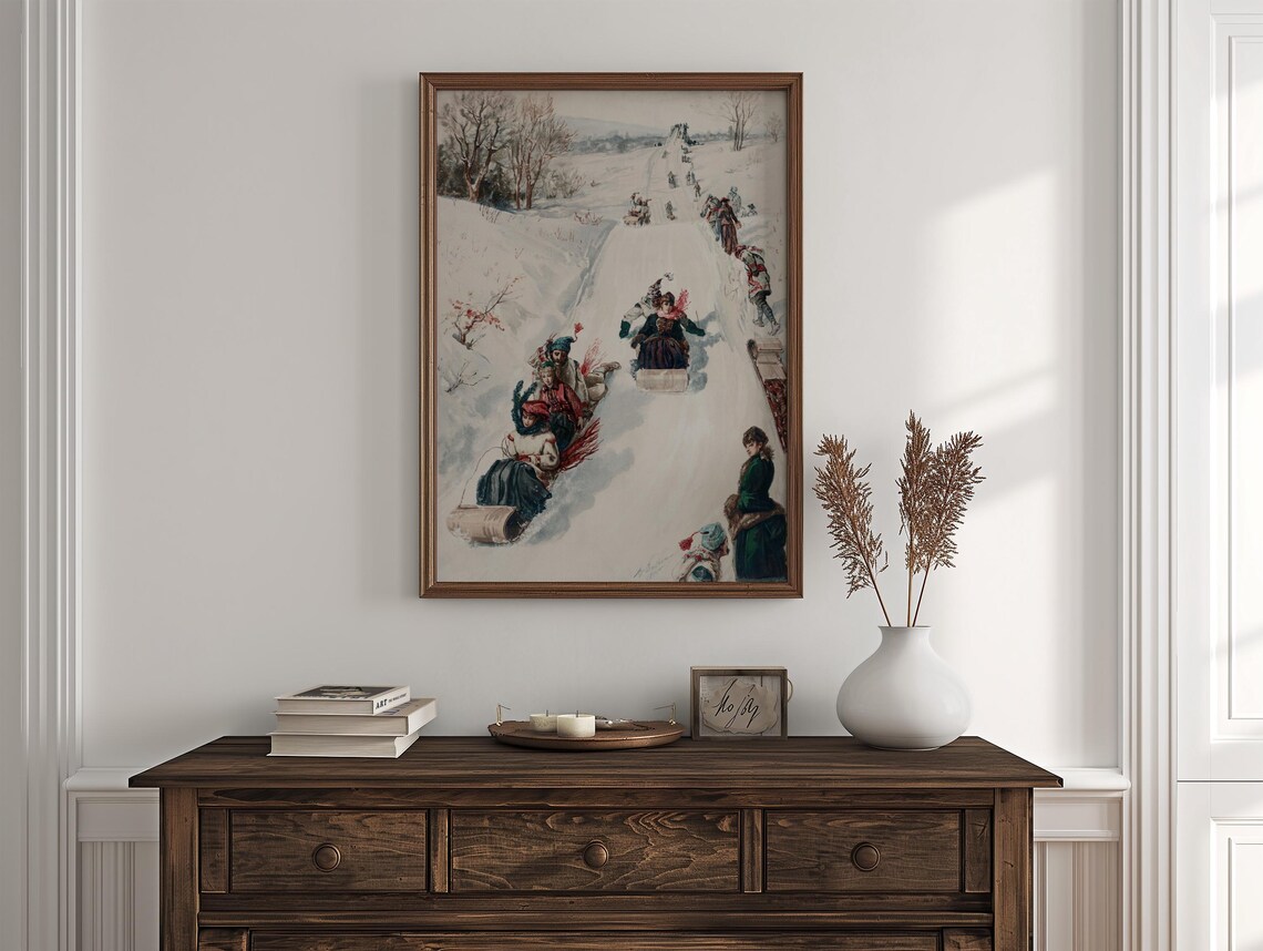Vintage Winter Sledding Hill Scene Period Dress Snow Toboggan Art Print - Image 3