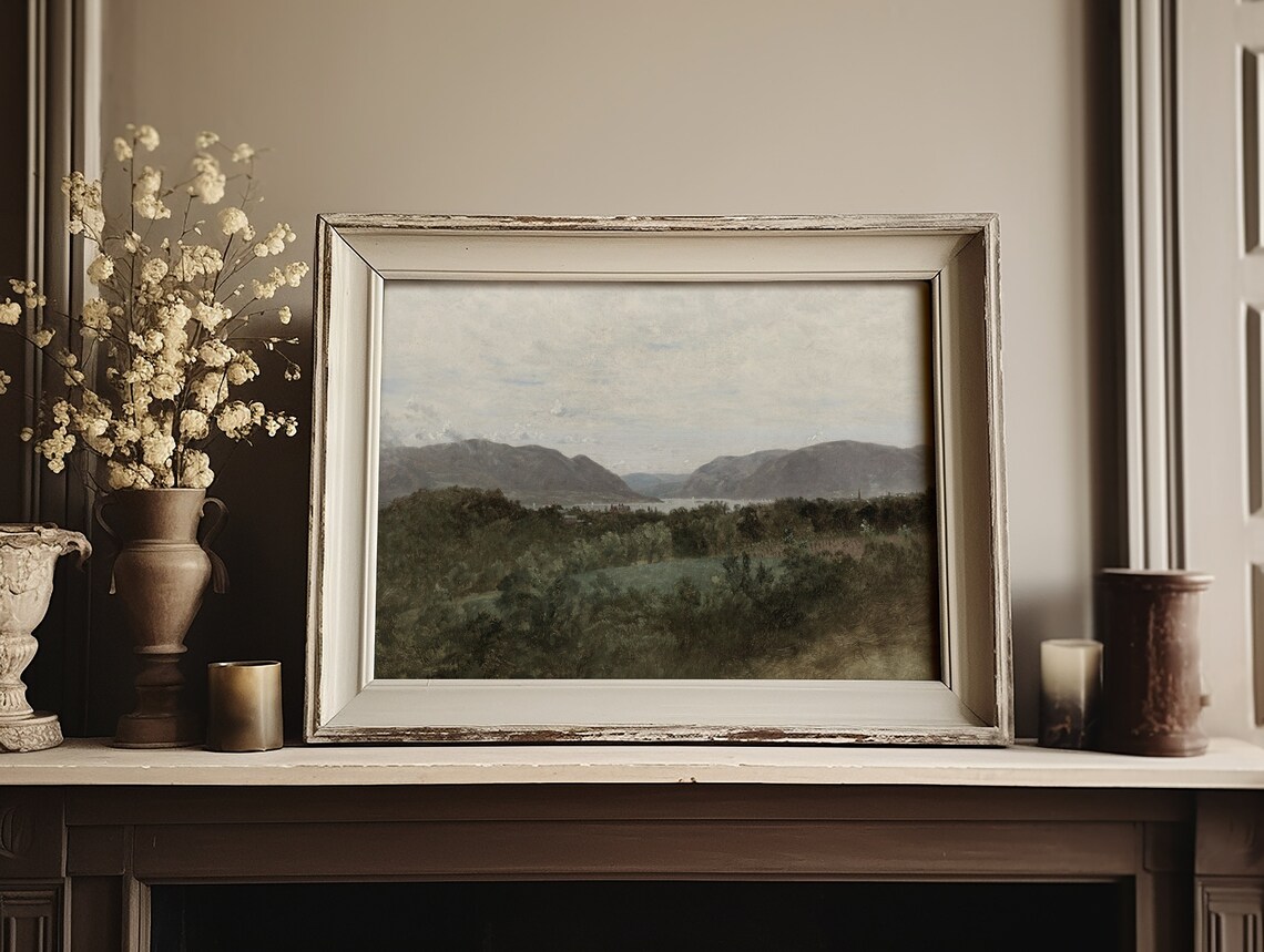 Muted River Valley Between Mountains Vintage Landscape Painting Print - Image 3