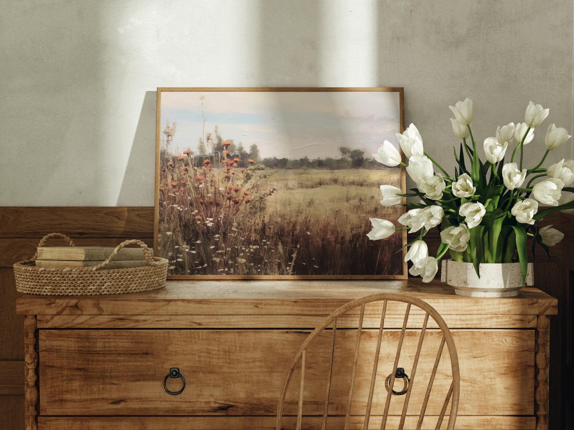 Rust Orange Wildflowers Autumn Field Vintage Painting Wall Art - Image 3