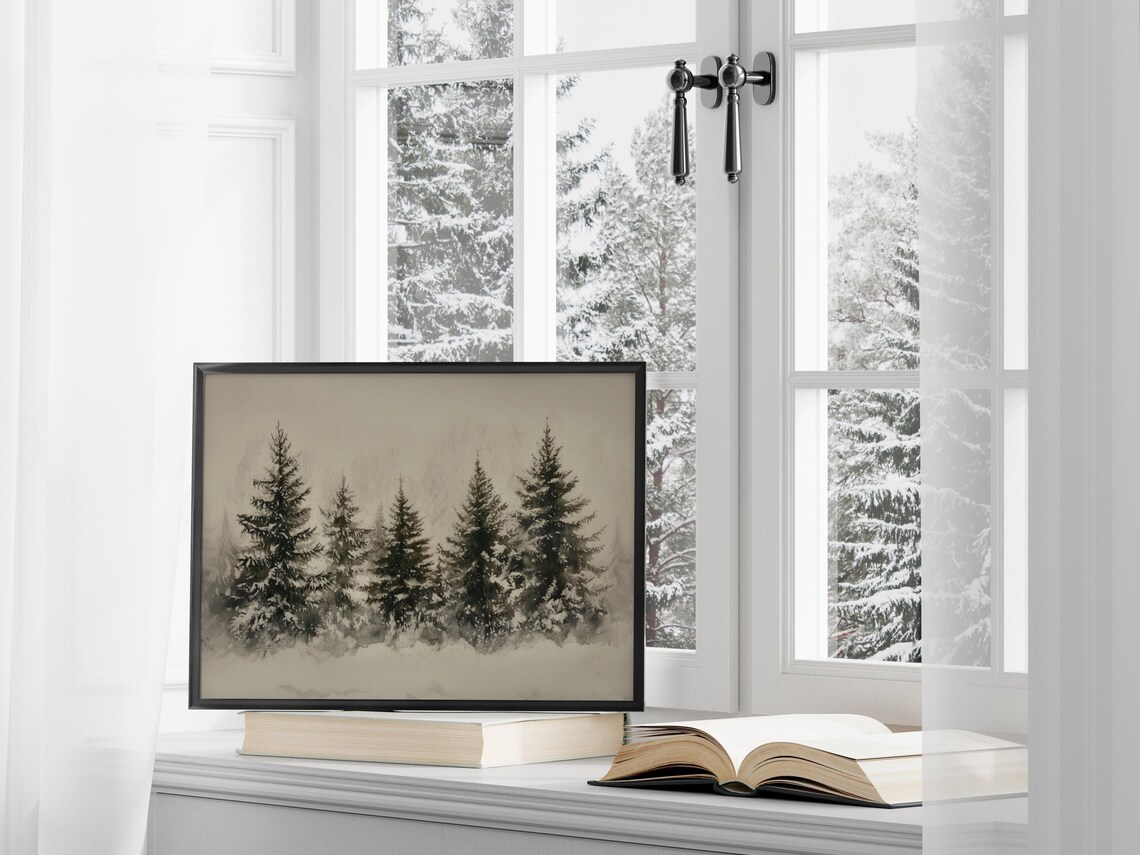 Moody Snowy Pine Trees Misty Winter Watercolor Monochrome Art Print - Image 3