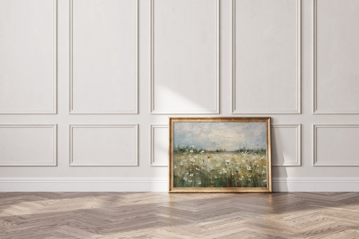 Spring Meadow White Wildflowers Textured Field Painting Wall Art - Image 3