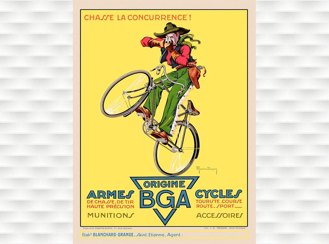 BGA Cycles French Cowboy Pistol Vintage Classic Bicycle Ad Poster