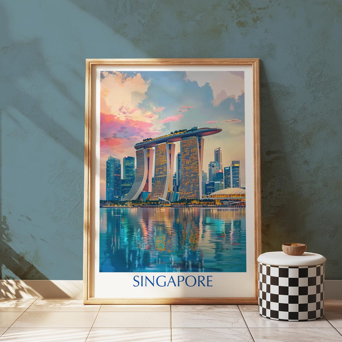 Singapore Marina Bay Sands Sunset Skyline Reflection Travel Poster